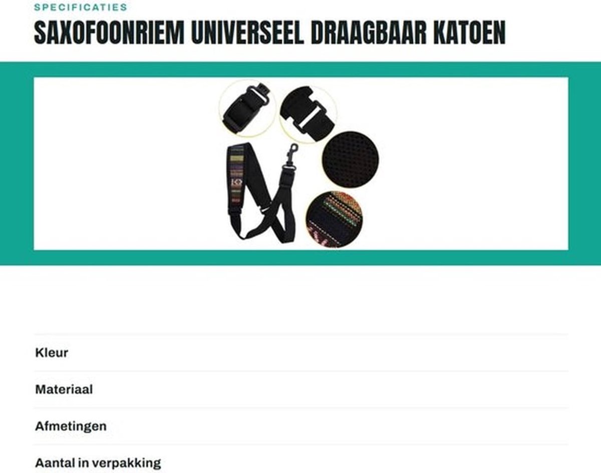 Saxofoonriem Universeel - Draagbaar - Katoen - Instelbaar - Folk Style - Afmetingen 34x5,5 cm - Saxofoonband