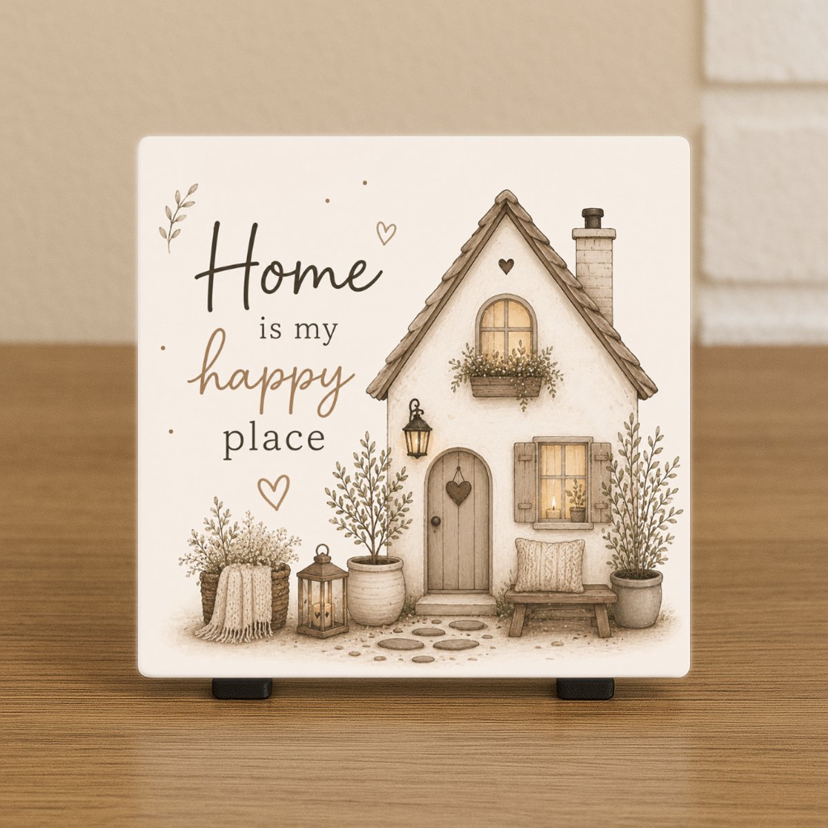CreaCraft Spreuktegel “Home is my happy place” – Cadeau tegeltje – Trendy nu – Woondecoratie – Vriend(in), familie, collega – Zomaar – Incl standaard – Cadeau idee – Wenstegeltje