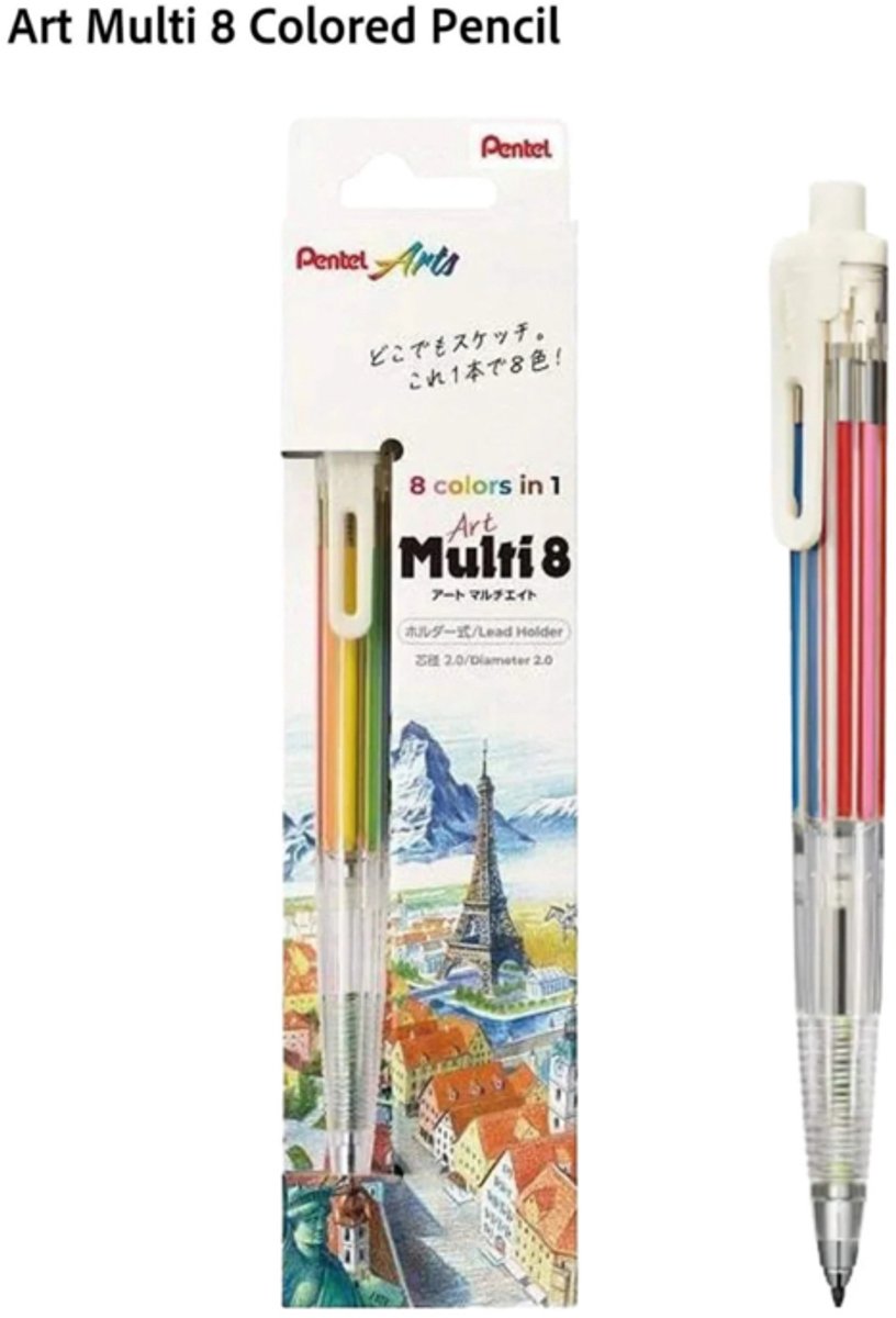 Pentel 2.0mm Multi 8 Vulpotlood - 8 kleuren in 1 + een 2.0mm Puntenslijper + een Pentel Gumhouder + EXTRA Refill