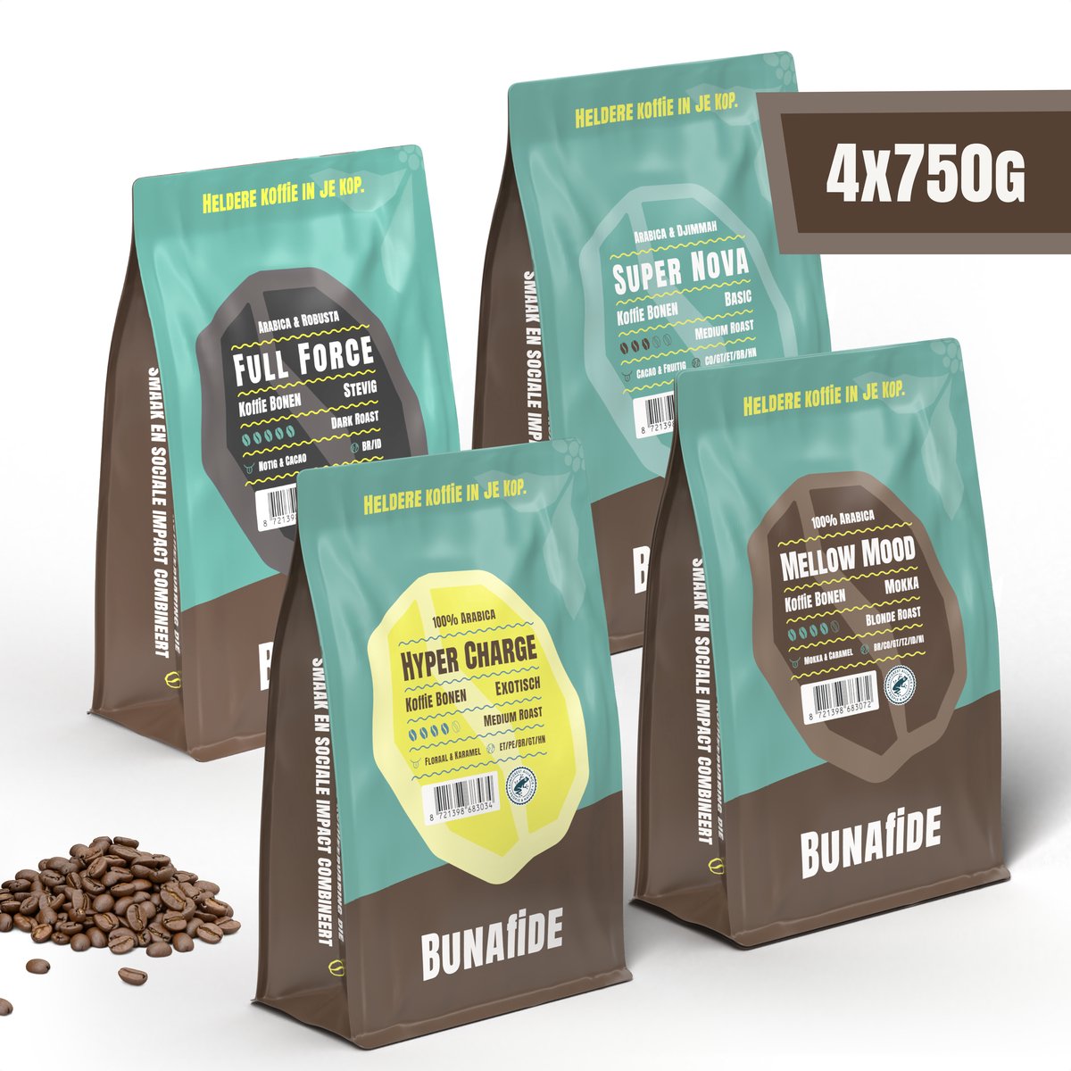 Bunafide - Proefpakket Koffiebonen - 4 x 750 gram - Koffieproeverij - 4 Smaken - Cadeau