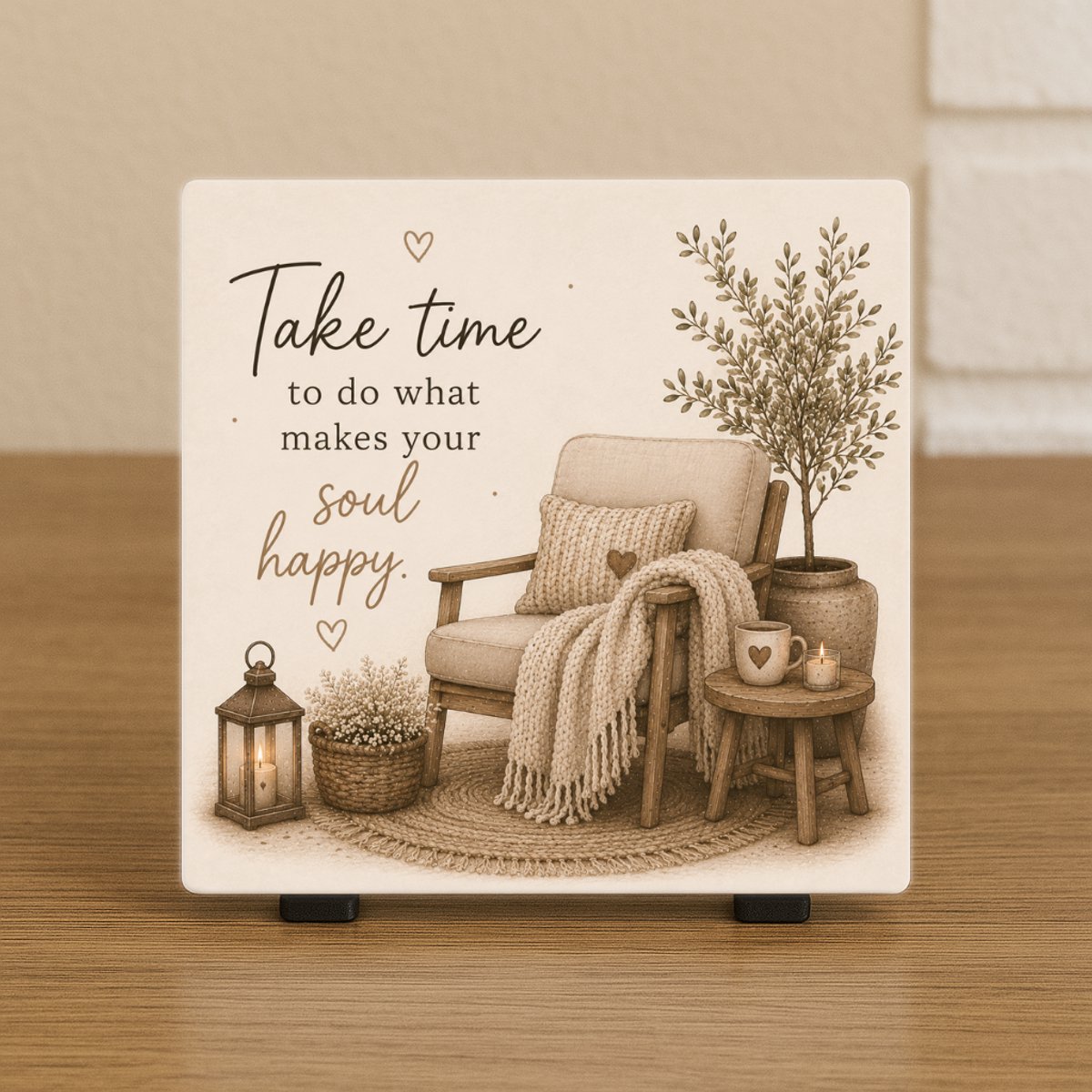 CreaCraft Spreuktegel “Take time to do what makes your soul happy” – Cadeau tegeltje – Trendy nu – Woondecoratie – Vriend(in), familie, collega – Zomaar – Incl standaard – Cadeau idee – Wenstegeltje