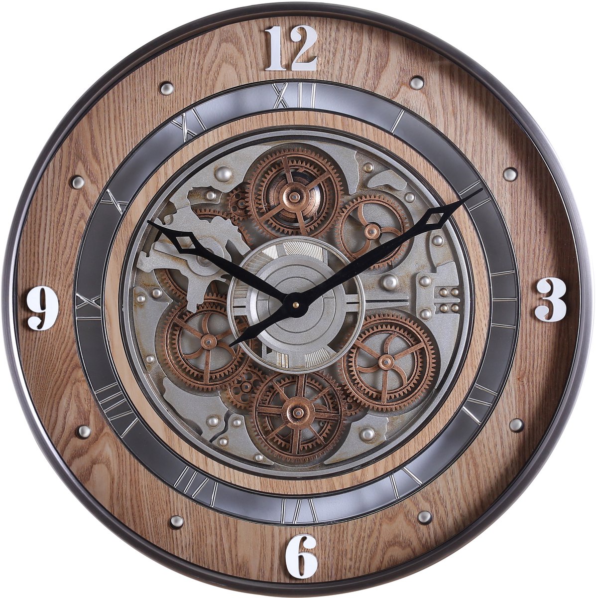 Fresco Wandklok Ø 60 cm – Vintage Wood – Bewegende Tandwielen – Houtlook – Industrieel – Stil Uurwerk
