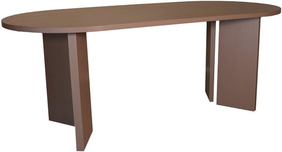 Ovale eettafel met een bruine melamine toplaag en twee dikke, rechthoekige poten.