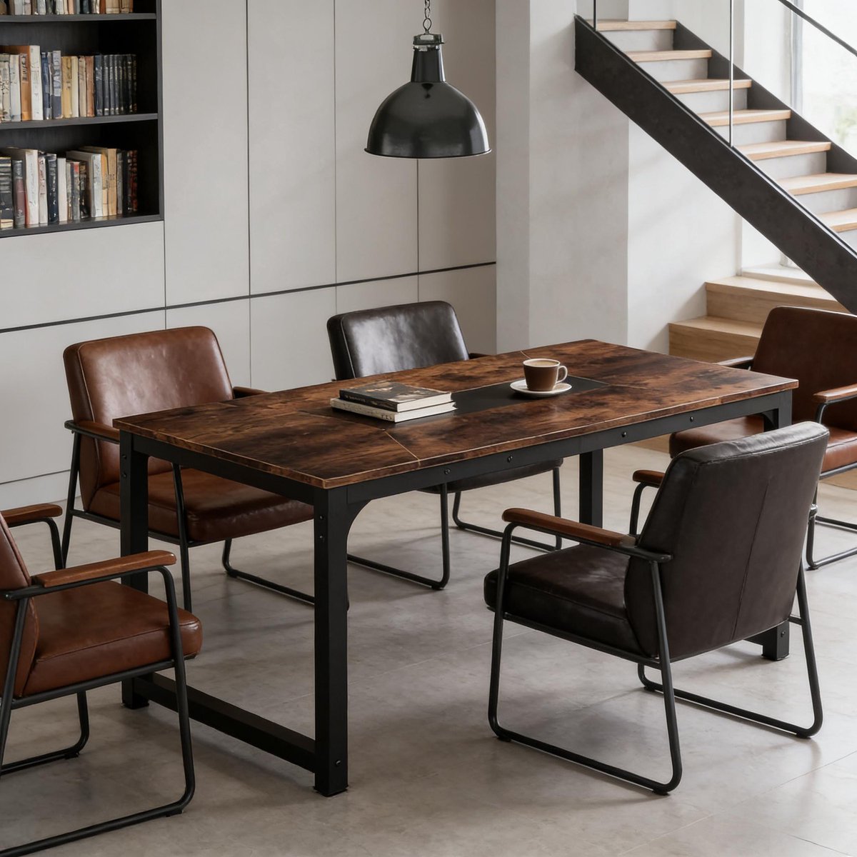 Wishdor Eettafel - Industrieel design - Metalen onderstel en houten blad - Rechthoekig - Zwart en rustiek bruin - 180 x 90 x 77 cm - Voor 6-8 personen