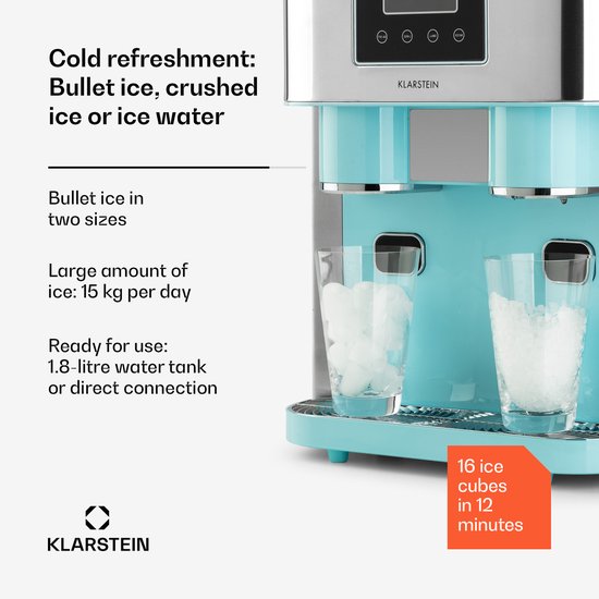 Klarstein ijsblokjesmachine klein, 1,8L ijsblokjesmaker, ijsblokjesmachine voor Crushed en Bullet ijs, snelle Mini ijsblokjesmachine, reiniging, ijsblokjesmaker voor 15kg/24h - IJsmachine - 120 cm - voor Bar voor Thuis - Touch Crushed Ice — afbeelding 4