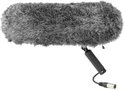 Grijze, harige microfoon windkap met handvat en XLR-kabel.