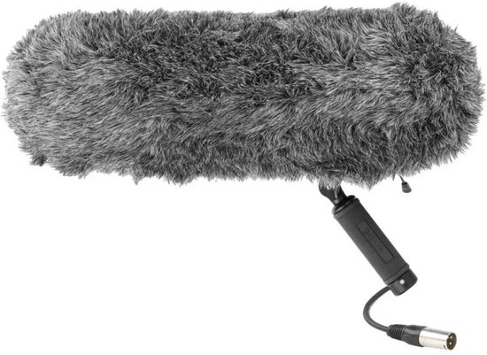 Grijze, harige microfoon windkap met handvat en XLR-kabel.