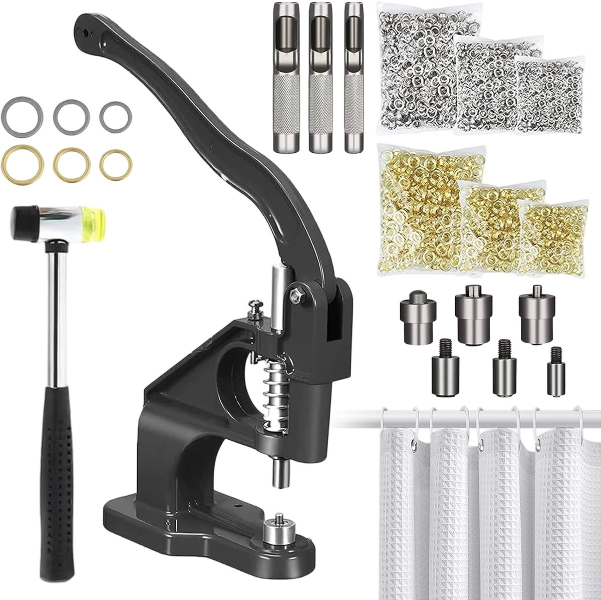 Handmatige Oogjespers - Oogjesmachine met Hendel - Voor 6/10/12 mm Oogjes - Gietijzeren Constructie - Vrijstaand of Tafelmontage - Inclusief Ponsen, Matrijzen en 3000 Oogjes - Voor Zeil, Gordijnen, Tassen en Banners