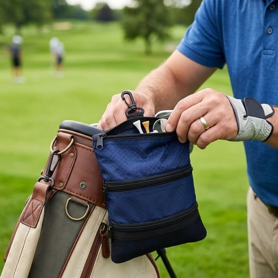 Marineblauwe golf trolleytas heren en dames – golf accessoire tas met 3 ritsvakken, mesh opbergvak, ophanghaak en ritssluiting – draagbare golf opbergtas voor golf trolley en golfuitrusting — afbeelding 4