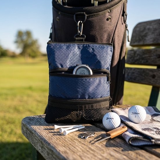 Marineblauwe golf trolleytas heren en dames – golf accessoire tas met 3 ritsvakken, mesh opbergvak, ophanghaak en ritssluiting – draagbare golf opbergtas voor golf trolley en golfuitrusting — afbeelding 5