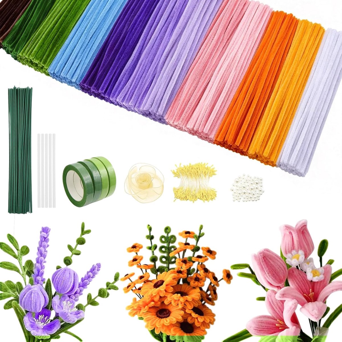 Chenille craftset - 13 kleuren - buigzaam en veelzijdig - voor bloemcreaties en feestdagen - knutselmateriaal voor kinderen - voor hobbyisten - meerkleurig