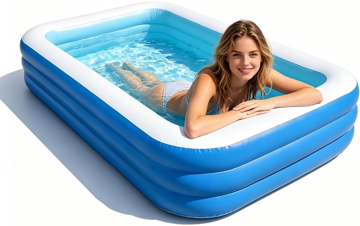 Opblaasbaar zwembad – Groot familiezwembad –Zomers waterfeest - 180 x 130 cm – Geschikt voor buiten, tuin en achtertuin – Blauw & wit