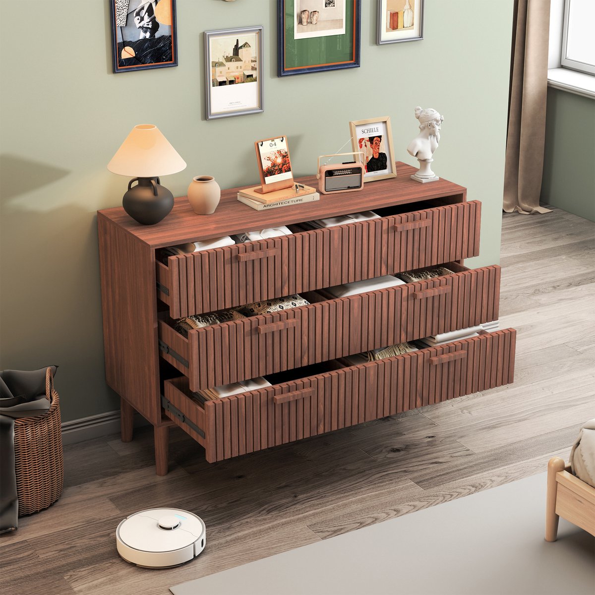 Ladekast 100x34x73 cm, 6-ladenkast met opbergruimte, modern dressoir voor woonkamer, hal en eetkamer, minimalistisch design, walnootkleur
