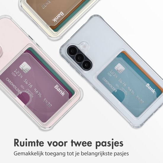 Drie transparante telefoonhoesjes met een doorzichtig vakje voor pasjes in verschillende kleuren.