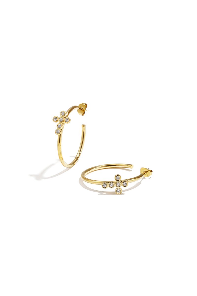 Kyara - Oorringen met Kruisje - Strass - Stainless Steel - - Goud