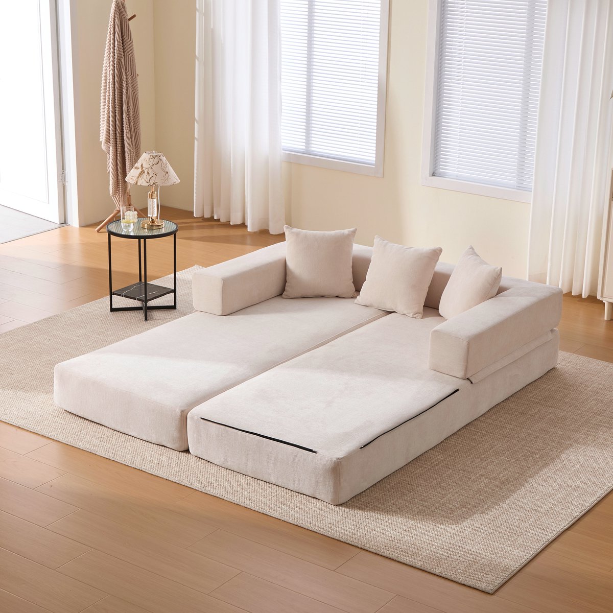 Wishdor Modulaire bedbank 2-zits - Vrij combineerbaar - Chenille - Opbergtassen - Antislip onderzijde - Beige - 198 x 79 x 60 cm