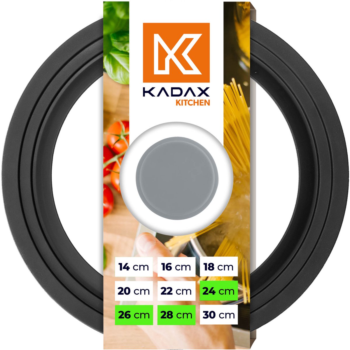 KADAX universele deksel 24/26/28 cm, universele deksel voor potten en pannen, pannedeksel, glazen deksel met siliconenrand en stoomopening, potdeksel (grijs)