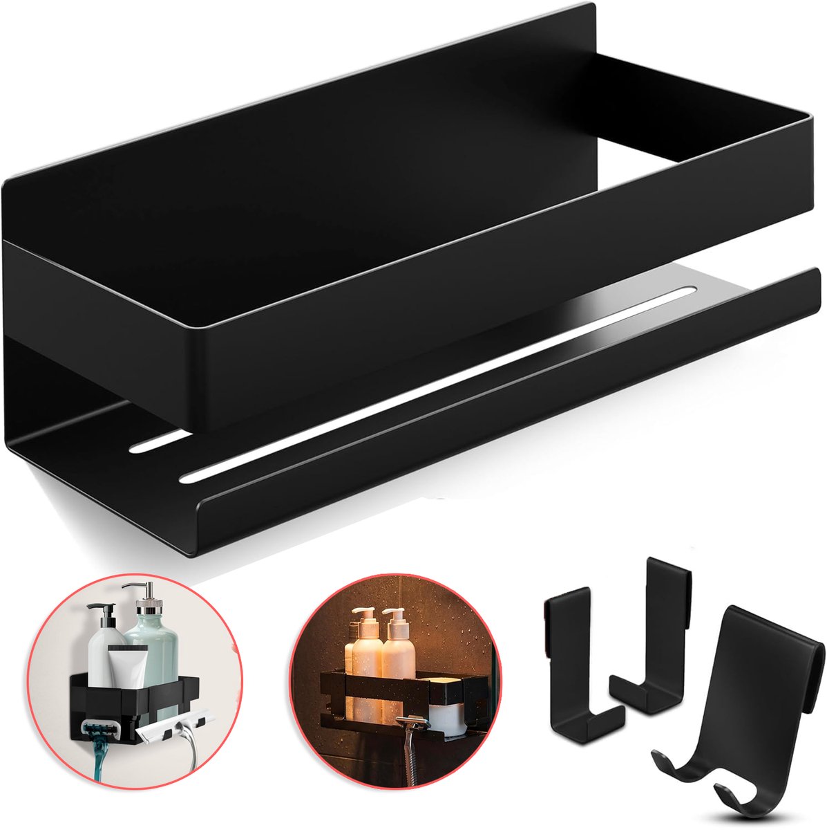 Douche-Organizer Plank Zonder Boren - 304 Roestvrij Staal Mat Zwart 3 Haken Zelfklevende Bevestiging - Waterafvoerend Ontwerp Roestbestendig - Voor Badkamer En Keuken