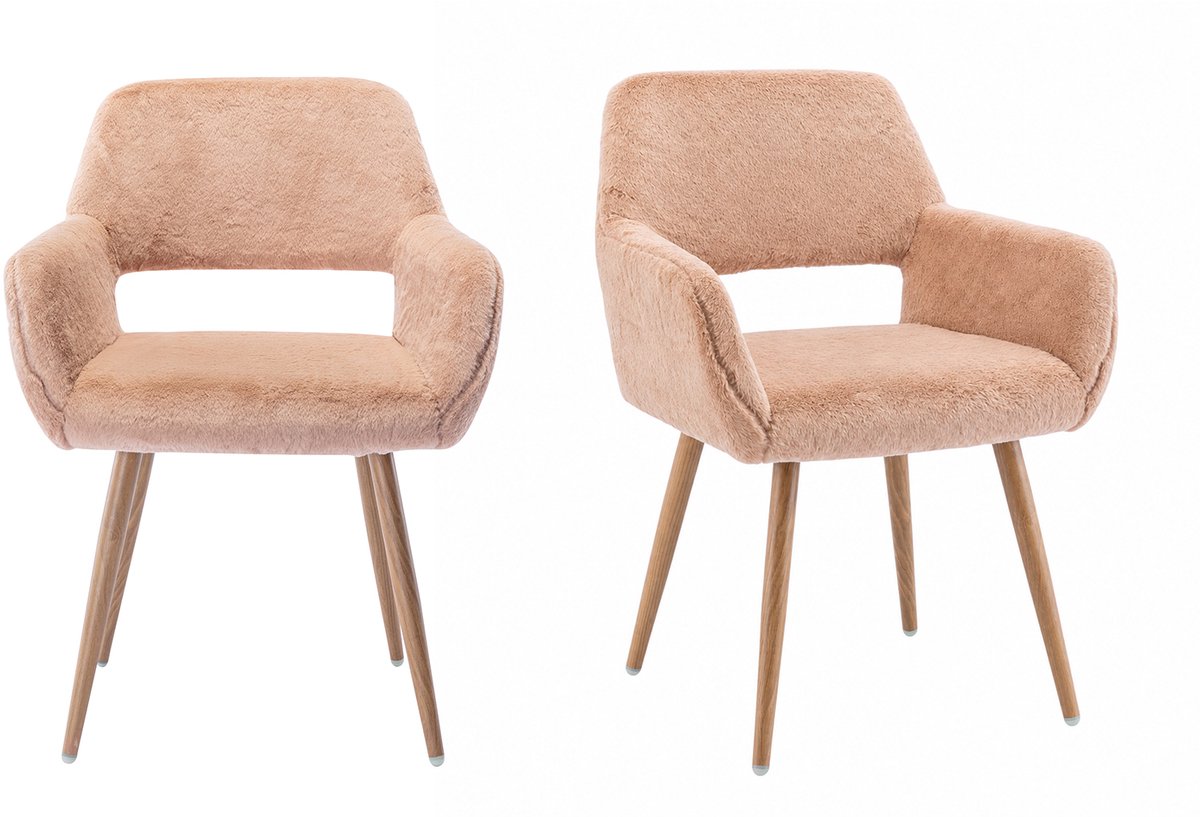 Luxe Eetkamerstoel - Set Van 2 met Teddy Stof en Open Rug - Camel