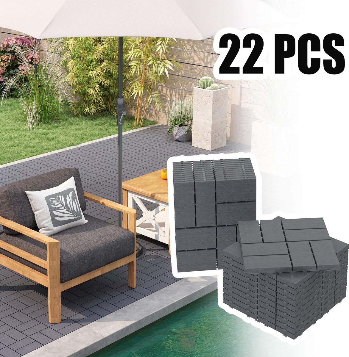 Froadp 22 stuks balkontegels in houtlook terrastegels 30x30cm decoratieve kunststof tegels voor terras kliktegels vloerbedekking balkontegel waterbestendig onderhoudsvriendelijk - 2m² antraciet geruit type