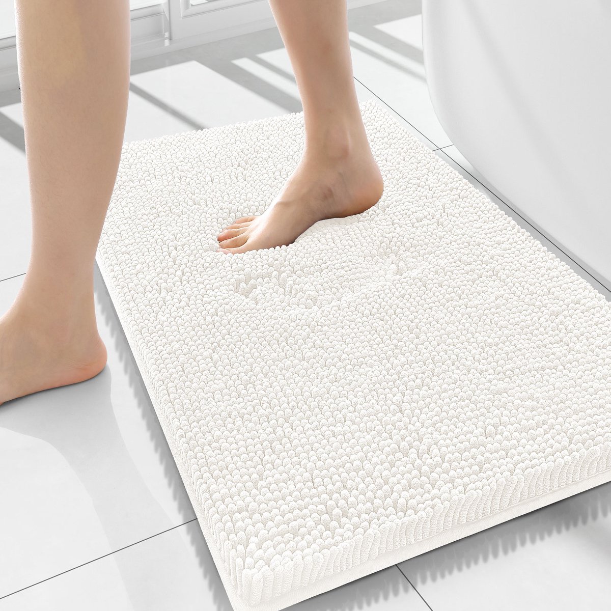 Olanly Badmat Antislip – Chenille Douchemat – Badmat Badkamer – Ivoorwit – 51X120cm