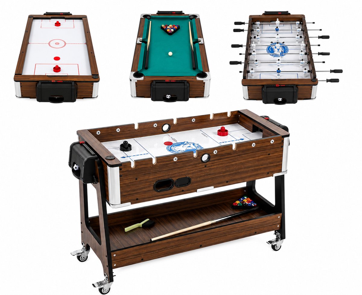 Bresht 3-in-1 Multigametafel - Biljart, Airhockey & Tafelvoetbal - 4 zwenkwielen met remmen - Bruin - 102,5 × 61,5 × 65 cm