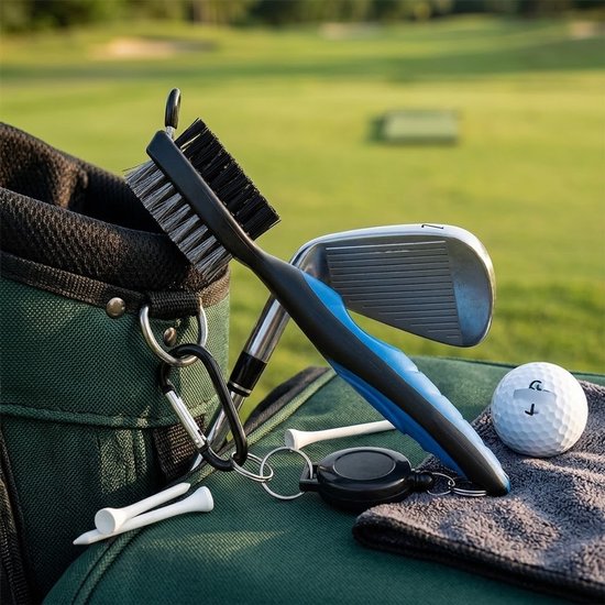 Blauwe golf schoonmaak borstel golf club reinigingsborstel unisex dubbelzijdige club reiniger met nylon en staal haren uitschuifbaar trekkoord karabijnhaak golf accessoire voor golf clubs en clubhoofden — afbeelding 3