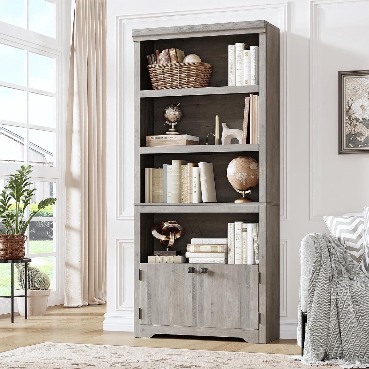 Boekenkast Hoog 5 Lagen met 2 Deuren - 80x29.5x174.5cm - Verstelbare En Uitneembare Planken - Vintage Open Opbergkast - Voor Kantoor Woonkamer - Grijs
