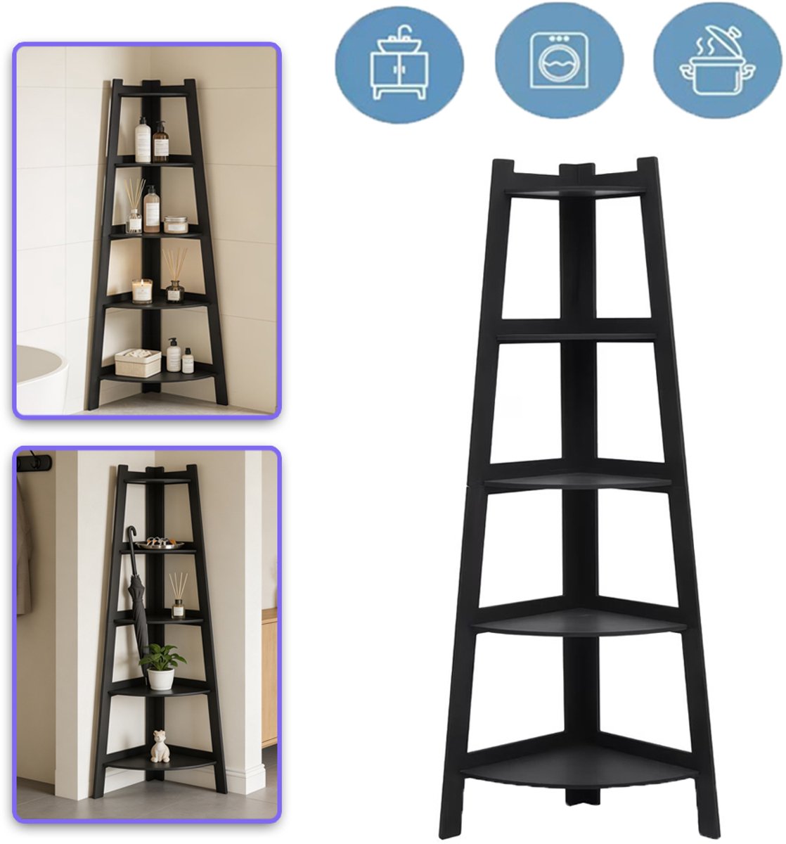 Vrijstaande Hoekplank Met 4 Niveaus - Trapeziumvormig Stabiel Ruimtebesparend - Voor Toilet, Woonkamer, Balkon En Badkamer - Opbergruimte Voor Studentenkamers - Zwart