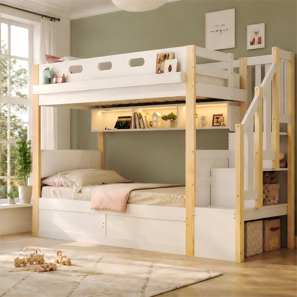 STILVORA Stapelbed 90x200 cm + 90x200 cm – Hoogslaper met opberglift, ledlicht en trap met opbergruimte – Voor kinderen – Hout, MDF en Kunstleer – Wit – Zonder matras