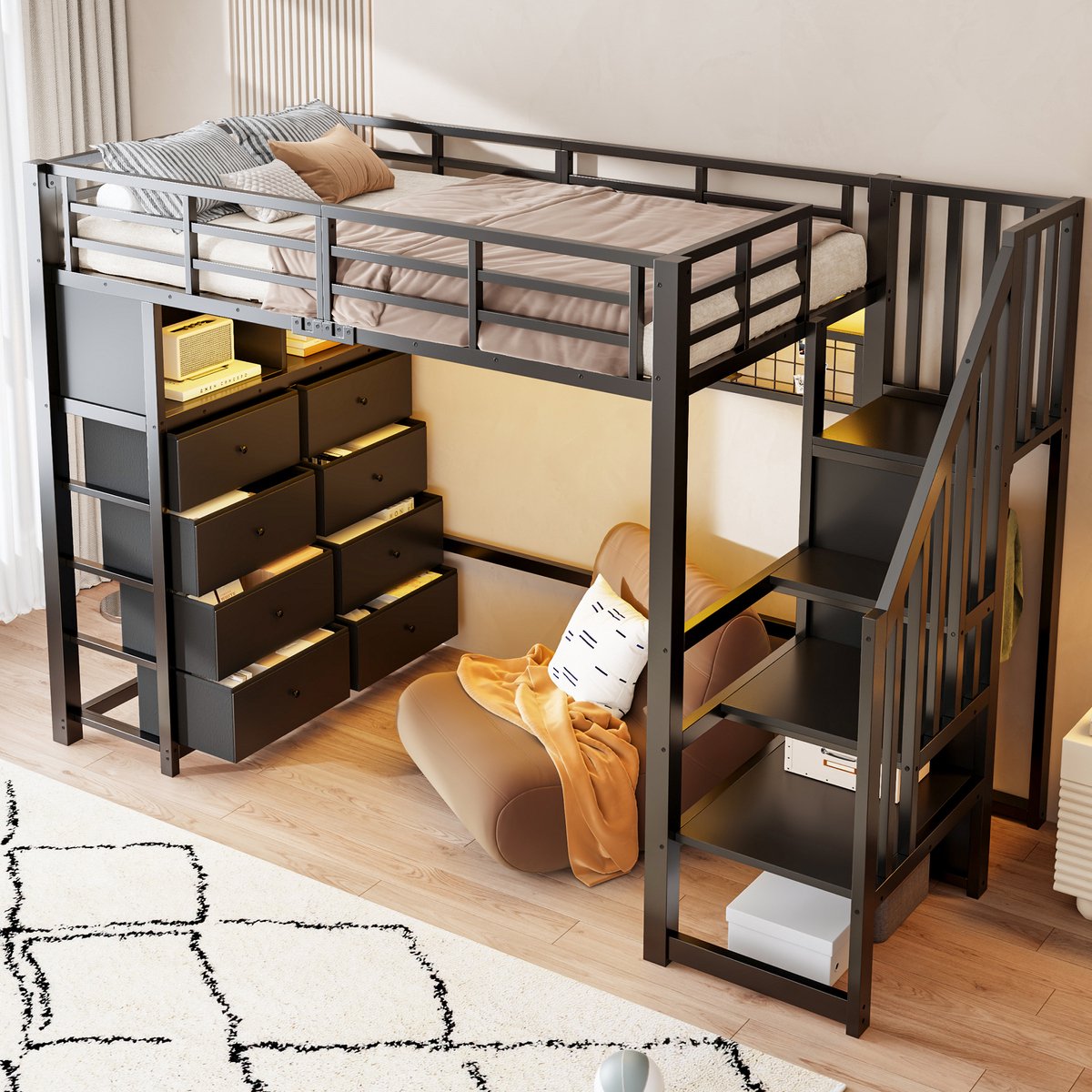 STILVORA Hoogslaper 90x200cm – Kinderen Hoogslaper Met Opbergleertrap En Ledverlichting – 8 Lades En Planken – Metaal En Mdf – Zwart – Zonder Matras