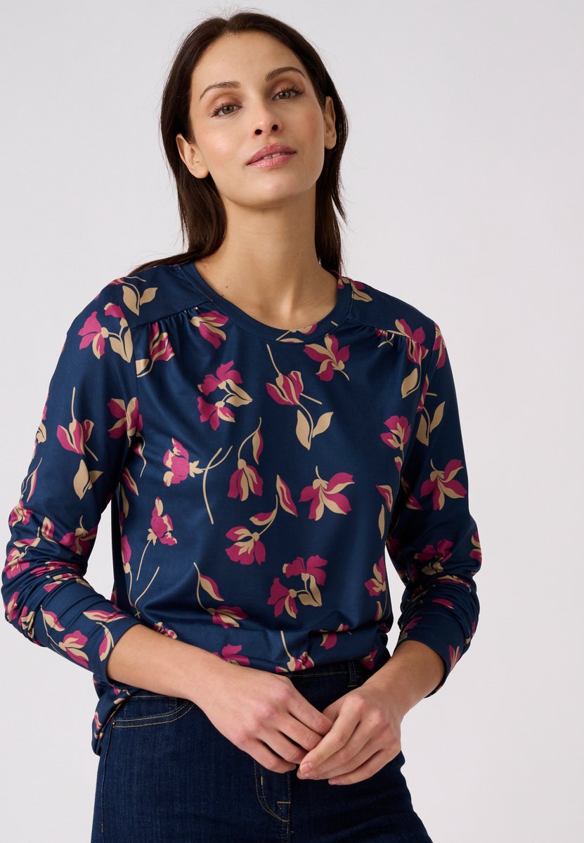 Damart - T-shirt van warm tricot met botanische print - Dames - Blauw - XL