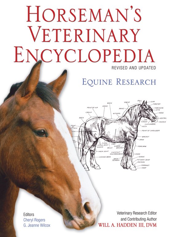 Boekomslag van de Horseman's Veterinary Encyclopedia, met een portret van een bruin paard en een anatomische tekening van een paard.