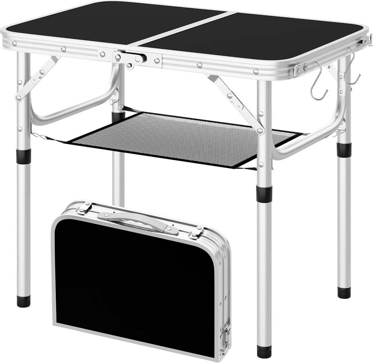 Campingtafel Zwart - Verstelbare hoogte, Opvouwbaar met opbergnet - 60x40 cm