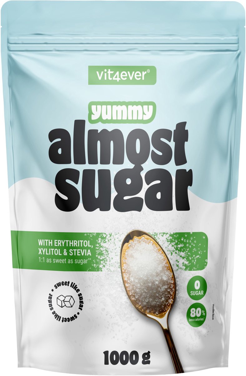 Vit4ever Almost Sugar - Suikervervanger - 1000 gram - 1 op 1 Vervanger van Suiker - Erythritol, Xylitol en Steviolglycosiden - 83 kcal per 100 Gram - 0 Gram Suikers - Zoetstof voor Bakken, Koffie en Yoghurt - Hersluitbare Zak Zonder Maltodextrine