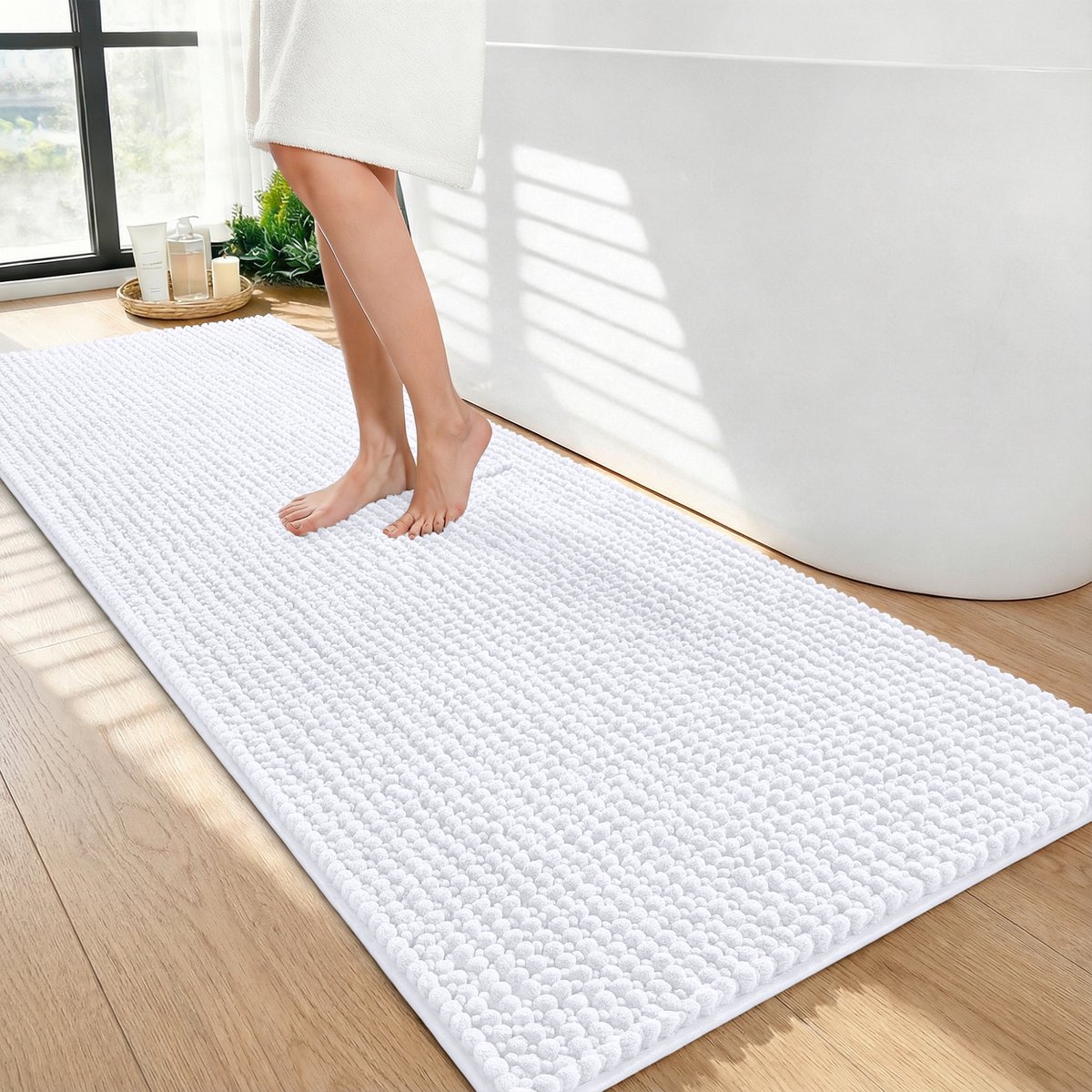 Olanly Badmat Antislip – Chenille Douchemat – Badmat Badkamer – Super Absorberend Deuropmat – Wit – 61X120cm