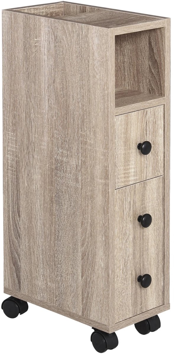 Atlasyx badkamerkast - Badkamermeubel - Badkamerkastje - Toiletkastje - Badkamer trolley - 4 Zwenkwielen - 18 x30x 68,5 cm - Eiken