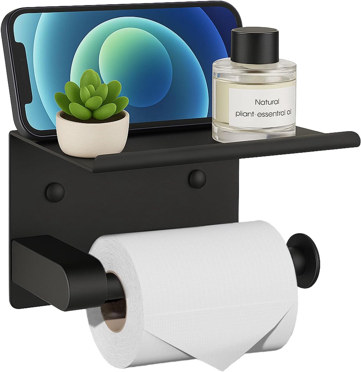 Toiletrolhouder met Plankje - Wc Rolhouder - Roestvrije roestvrijstalen toiletpapierhouder - Toiletpapierhouder voor de badkamer - Zelfklevend / Boren - Zwart