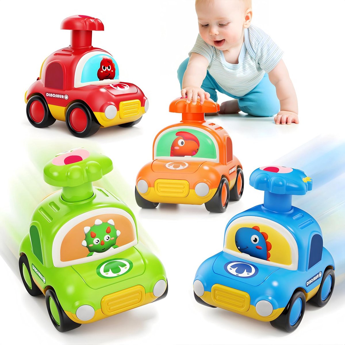 Casalora Dinosaurus Speelgoedauto's 4 Stuks – Push & Go Auto's – Educatief Babyspeelgoed voor Kinderen van 1-3 Jaar – Schattige Voertuigen voor Jongens en Meisjes – Motoriek & Fantasie