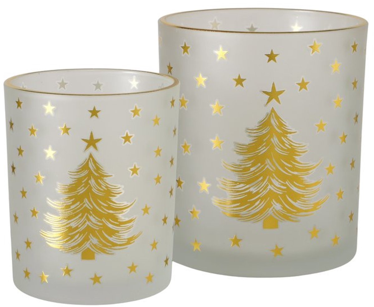 Boltze - Waxinelichthouders - Windlichten - Set van 2 - Glas - Wit en Goud - Kerstboom en Sterren - 8,5 en 10,2 cm - Kerst