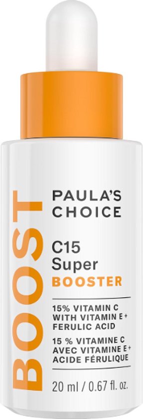 Flesje Paula's Choice C15 Super Booster serum met oranje dop. Tekst 'BOOST' verticaal.