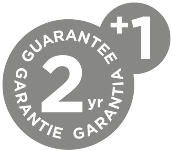 Cirkelvormige garantie-indicator met '2 yr' en '+1' erin.
