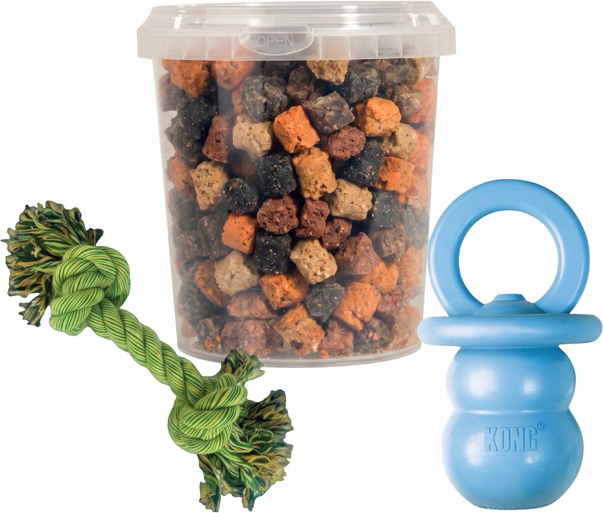 Combideal: Kong Puppy Binkie Blauw + Mixtrainers Emmer 850 ml + Stevig flostouw