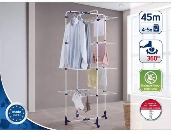 Witte droogtoren van Leifheit met 45m drooglengte, 3 verdiepingen, kledinghangers, sokkenclips, wieltjes. Droogt zonder elektriciteit.