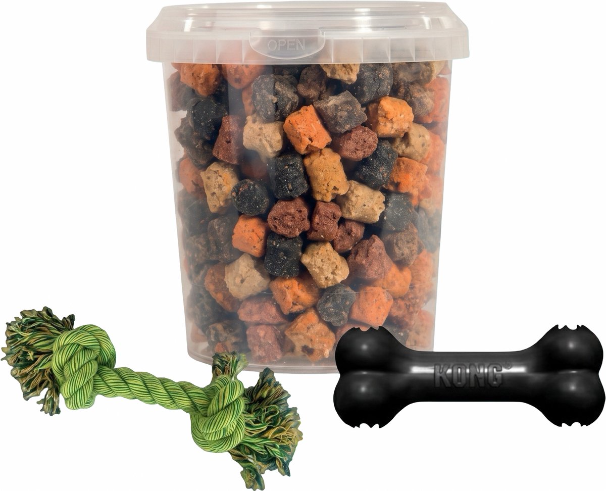 Combideal: Kong Extreme Goodie Bone Zwart + Mixtrainers Emmer 850 ml + Stevig flostouw