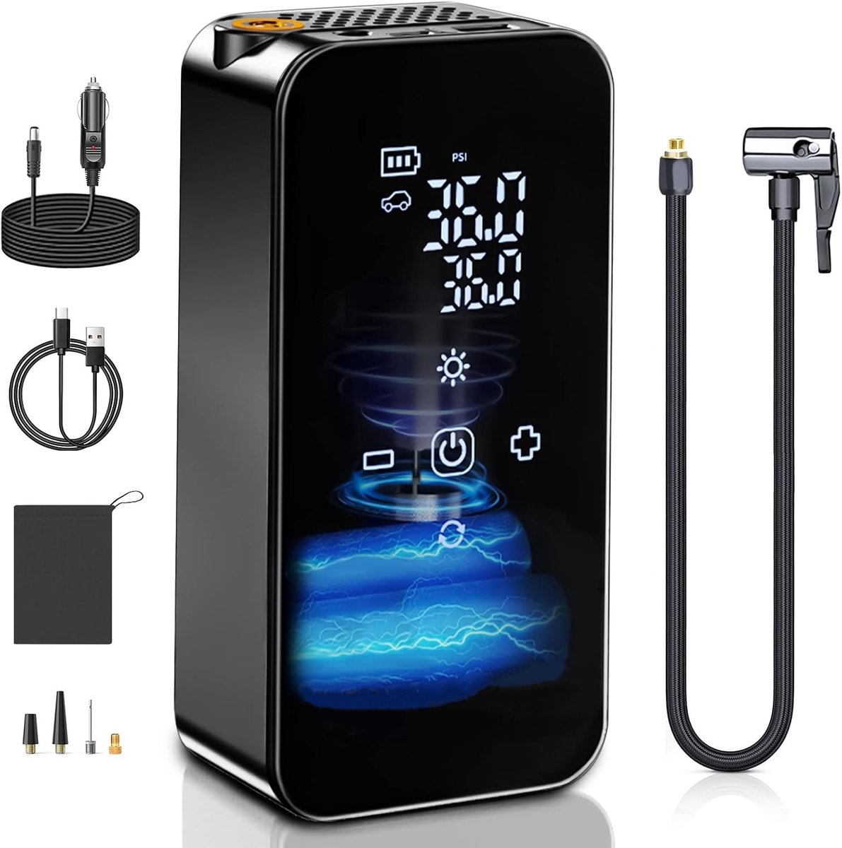 casalora — Electric air pump—with tire pressure gauge—140PSI—equipped with 4000mAh battery—12V—suitable for cars, motorcycles, and bicycles—quiet and portable—includes valve adapter kit