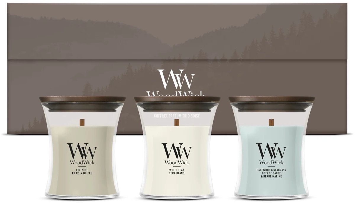 WoodWick Deluxe Cadeauset 3 Mini Geurkaars - Woodland Trio Grijs