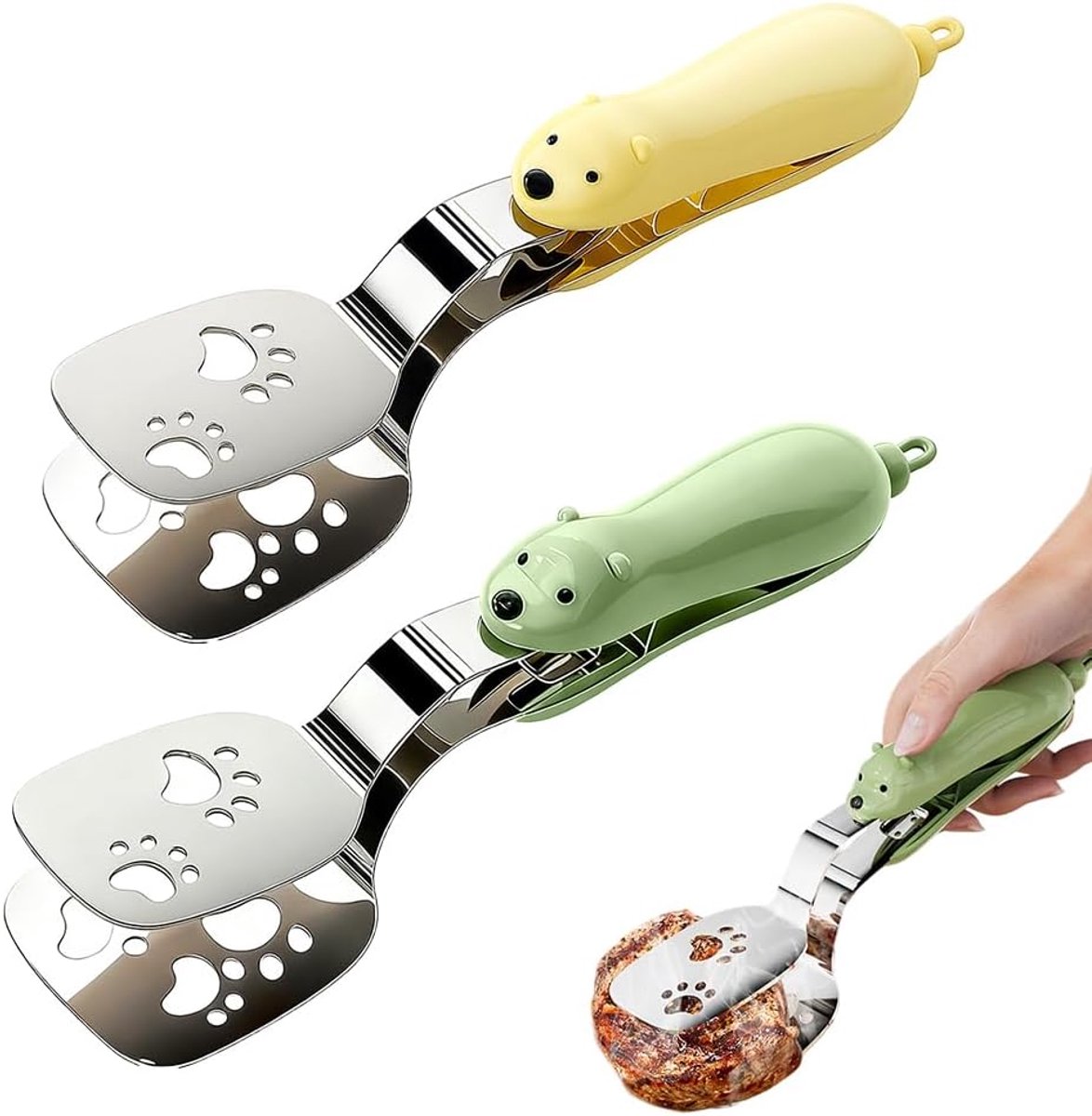 2-in-1 Pfannenwender mit Grillzange – Edelstahl Küchenzange mit Wender – Anti-Rutsch Design – Für Steak, Fisch, Eier, Brot & Pizza – Küchenhelfer – Groen + Geel