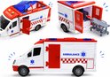 Gedetailleerde witte ambulance speelgoedauto met rode deuren en details, inclusief een brancard.