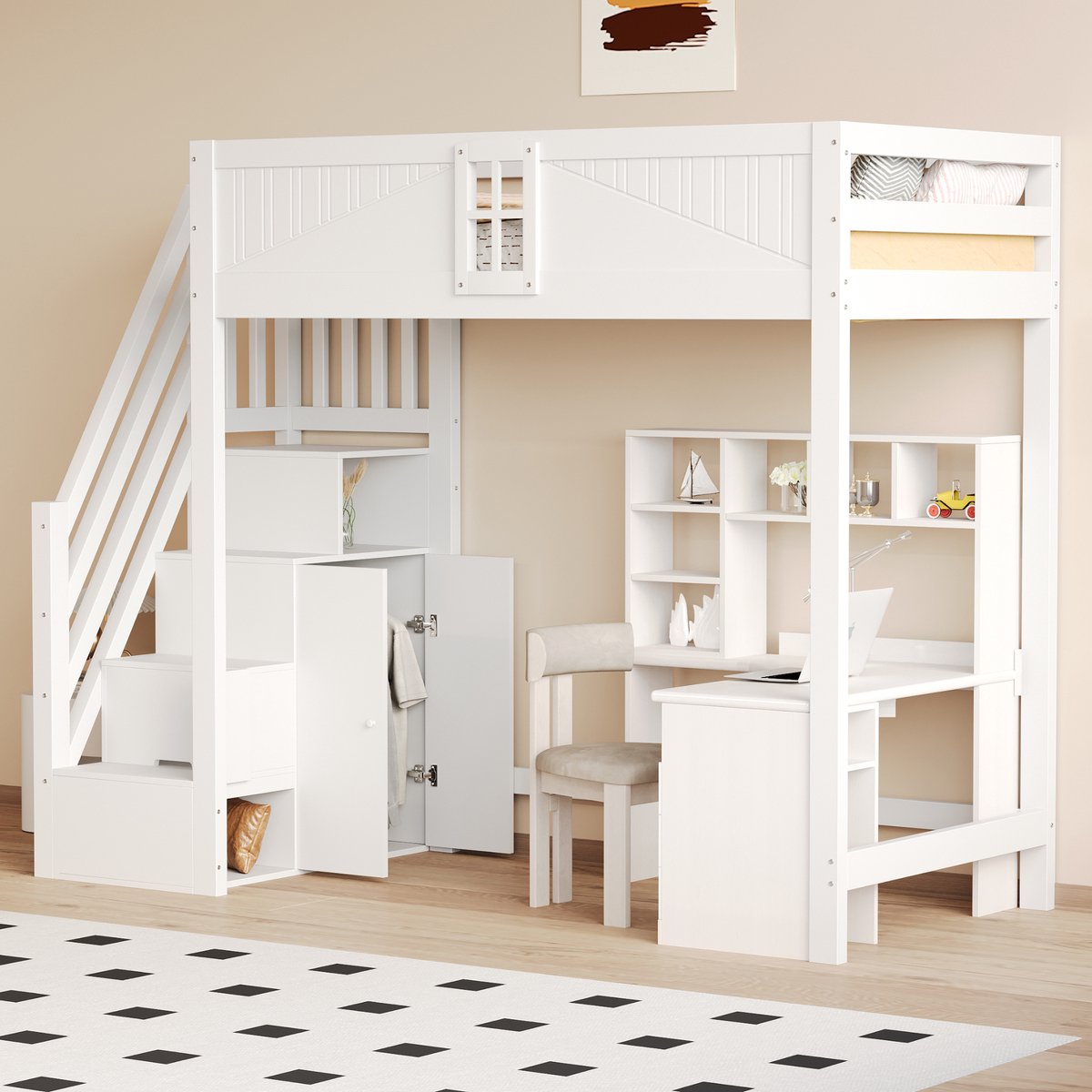 Kinderbed, Hoogslaper Van Massief Hout 90 X 200 cm, Unieke Veiligheidsdeur Met Raam, Veiligheidsladder Met Opbergruimte Aan De Zijkant (Omkeerbaar Links En Rechts), Multifunctioneel Bed-Wit-b